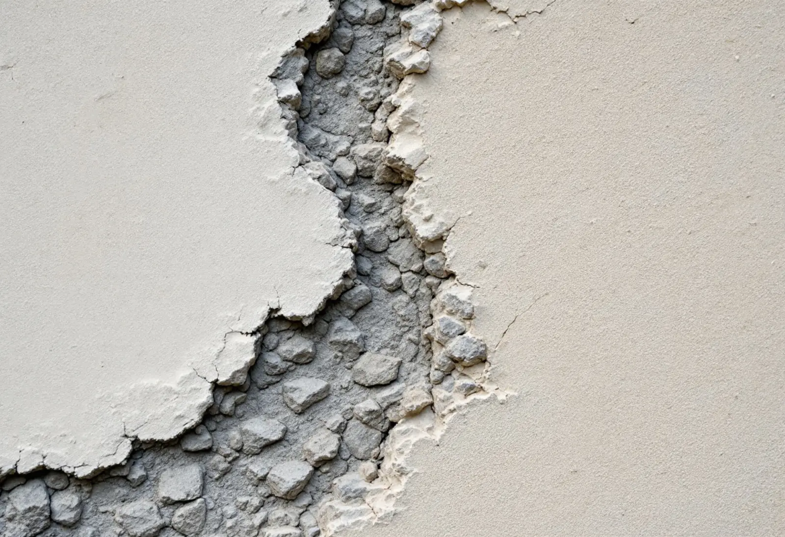 Mur ancien en tuffeau blanc dont l'enduit ciment gris se décolle en plaques, laissant apparaître la pierre délitée.
