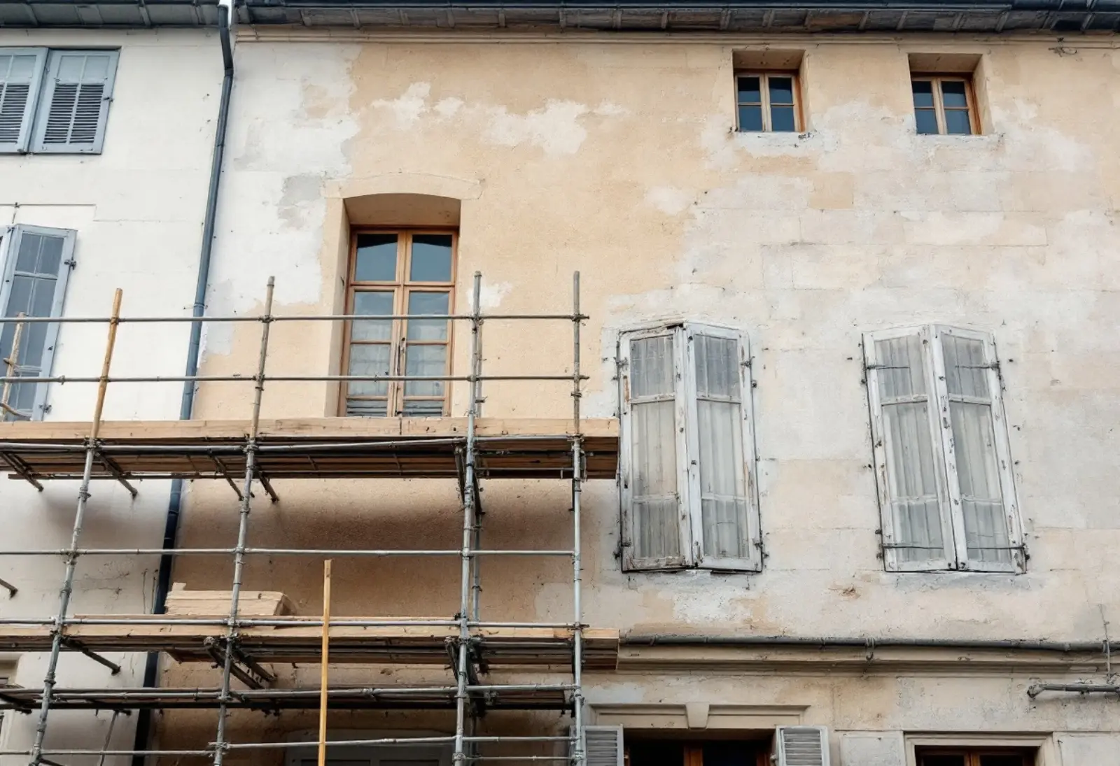 Façade ancienne en tuffeau d'une maison du centre de Blois, en cours de ravalement à la chaux