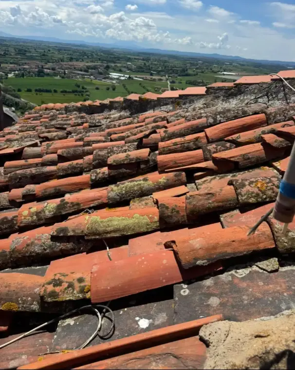 Gros plan d'une vieille couverture en tuiles canal fortement encrassée AVANT intervention : mousses, lichens jaunes et verts sur les tuiles, plusieurs tuiles fendues.